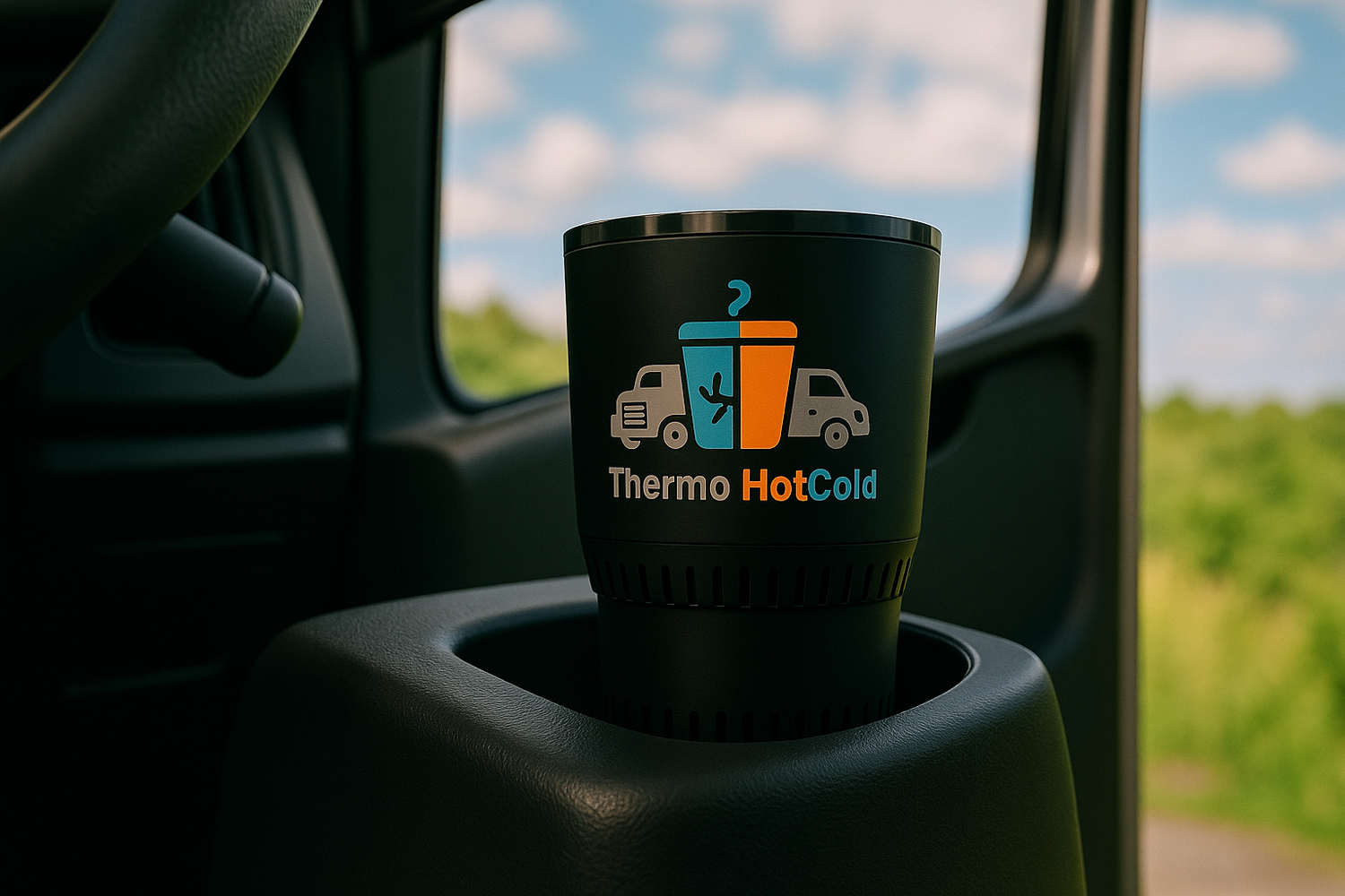 Thermo cup in a car cup holder with a scenic background